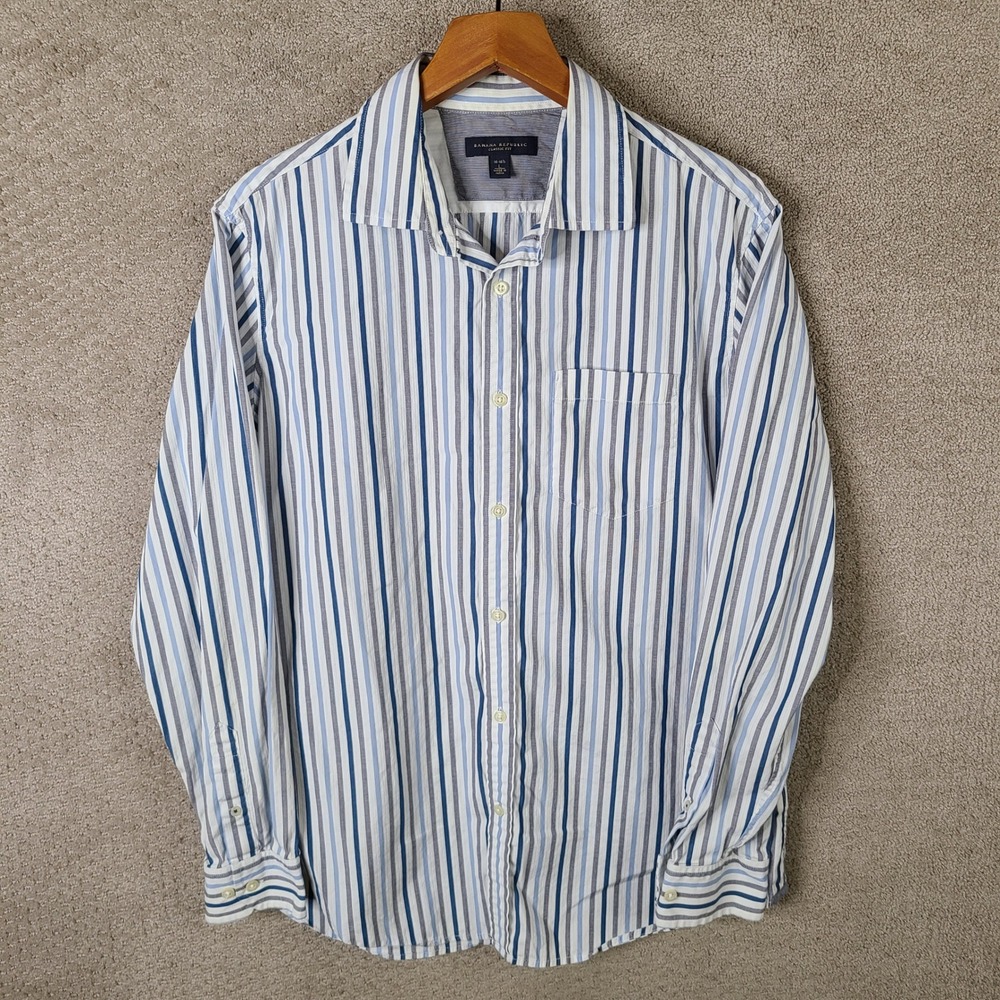Banana Republic Shirt Mens L Blue Gray Striped Classic Fit Long Sleeve Button Up